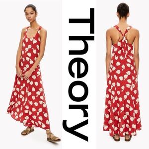 Theory Palushaj Harper Print Crimson/Ivory Silk Maxi Dress